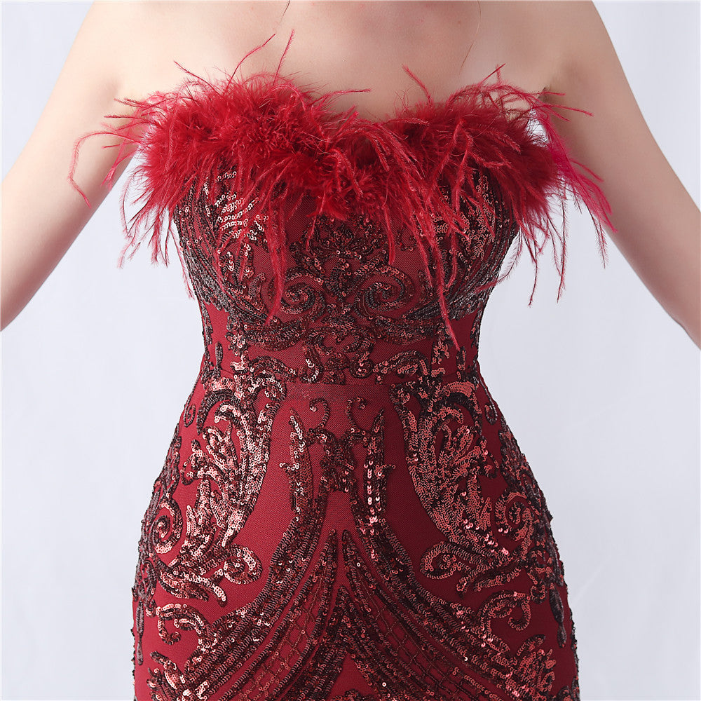 Choire Red Sequin Feather Maxi Dress