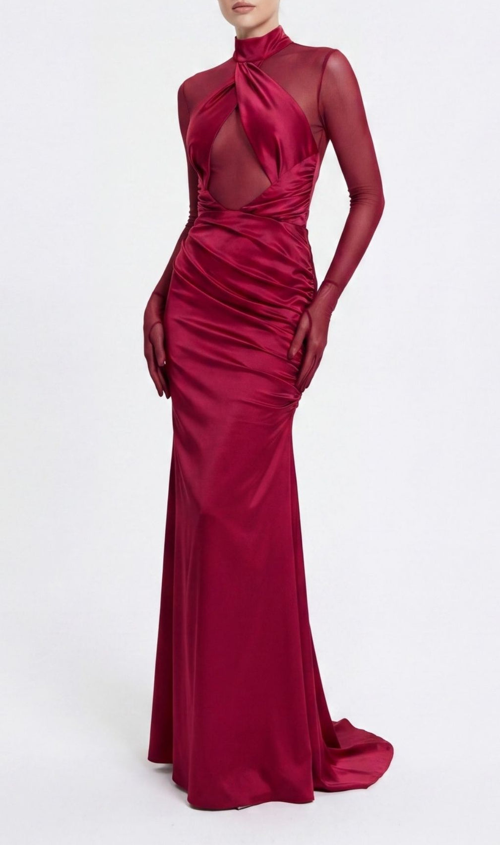 Khadiga Red Satin Long Sleeve Gown | Twist Front Cutout Evening Dress