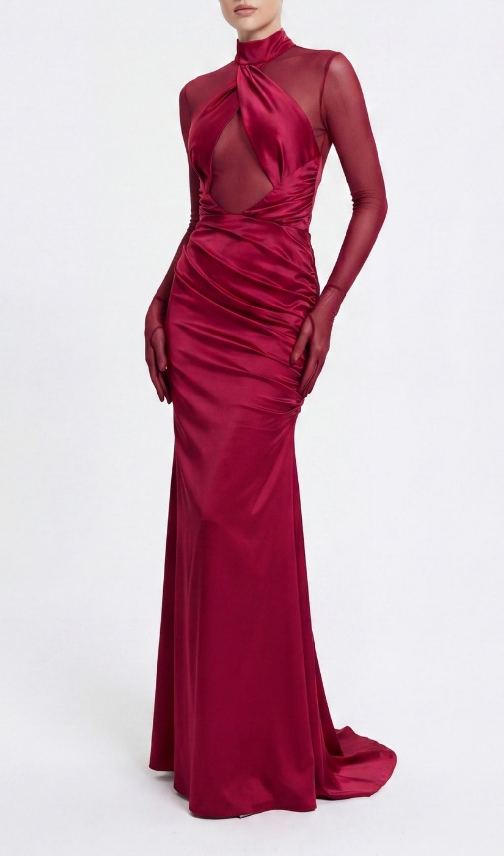 Khadiga Red Satin Long Sleeve Gown | Twist Front Cutout Evening Dress