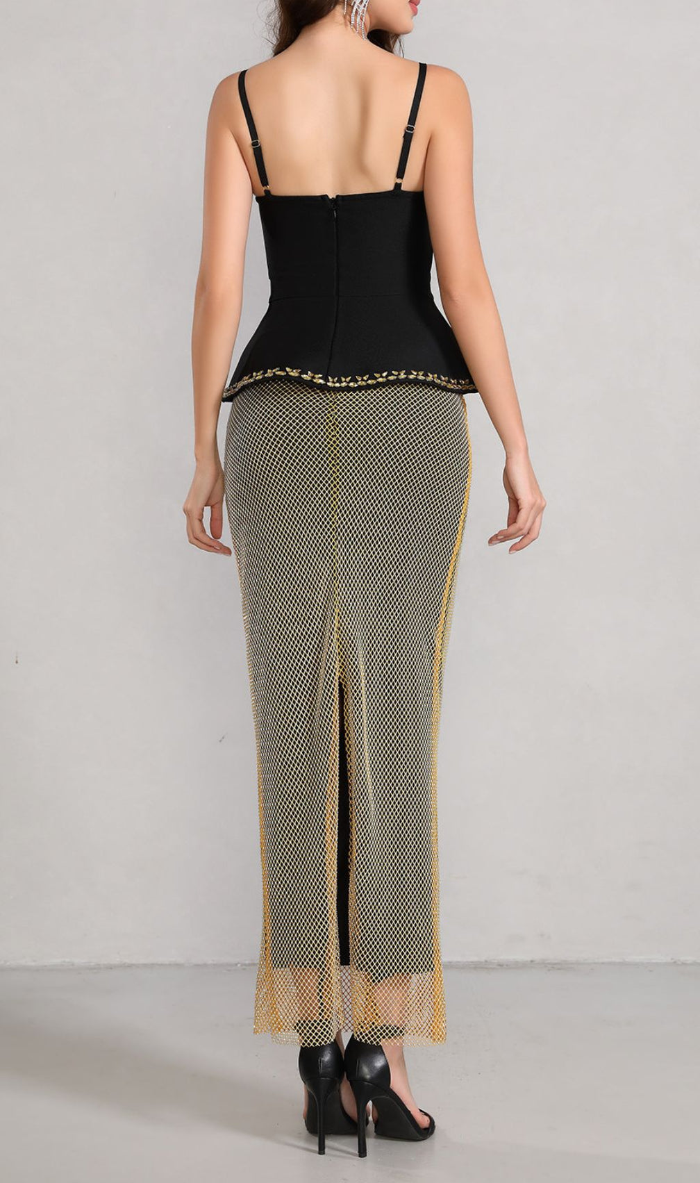 Klyra Evening Glamour: Rhinestone Peplum Top & Mesh Maxi Skirt Set