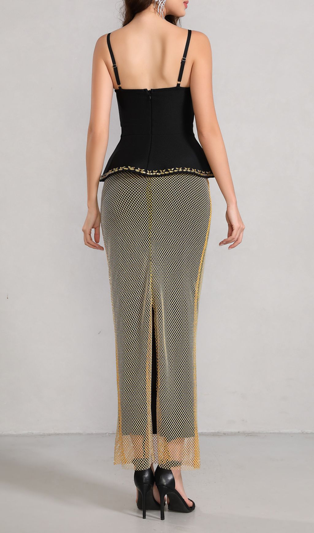 Klyra Evening Glamour: Rhinestone Peplum Top & Mesh Maxi Skirt Set