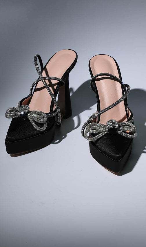 Bow Crystal Satin Heels In Black