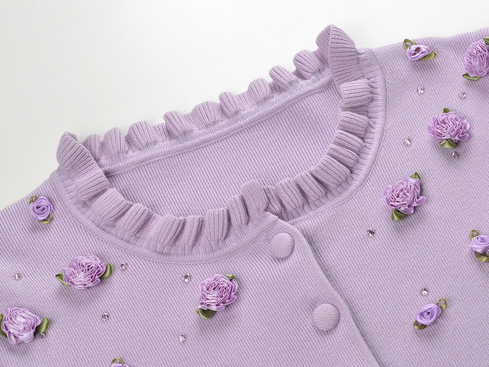 Romantic Lilac Floral Appliqué Knit Cardigan & Midi Dress Set