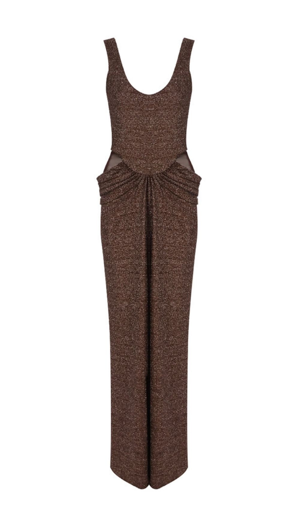 Kat Brown Shimmering Sequin Ruched Maxi Gown with Elegant Sheer Drape
