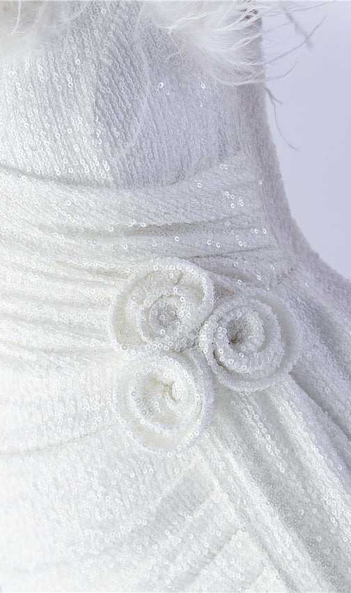 Chroma White Sequin Flower Feather Maxi Dress
