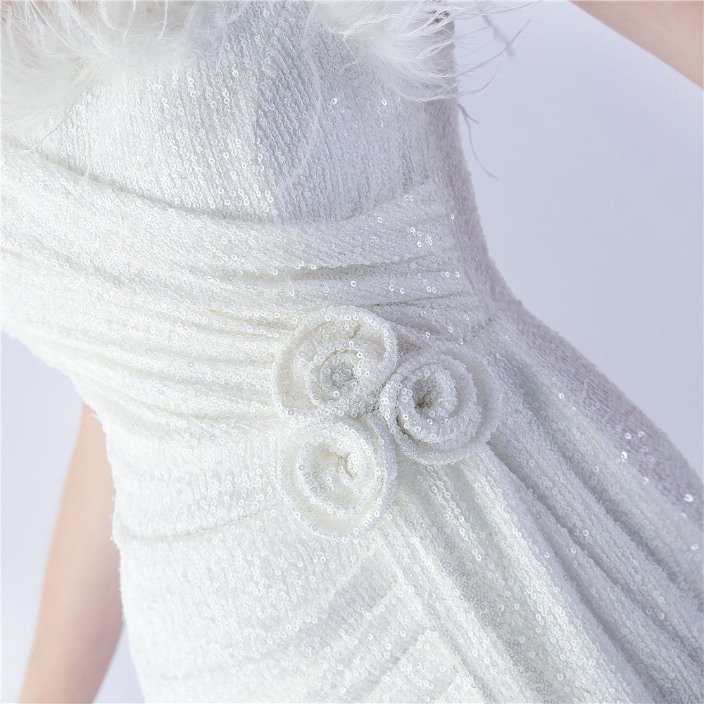 Chroma White Sequin Flower Feather Maxi Dress