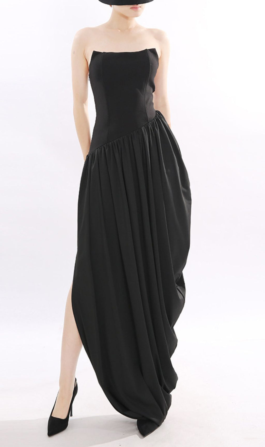 Jethra Black Strapless Asymmetrical Maxi Dress - Elegant Sweetheart Formal Gown