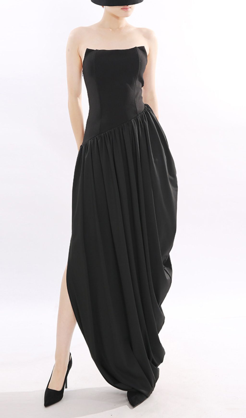 Jethra Black Strapless Asymmetrical Maxi Dress - Elegant Sweetheart Formal Gown