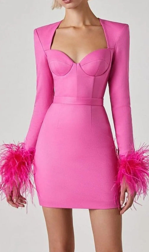 Stretch Long Sleeves Mini Dress In Hyper Pink