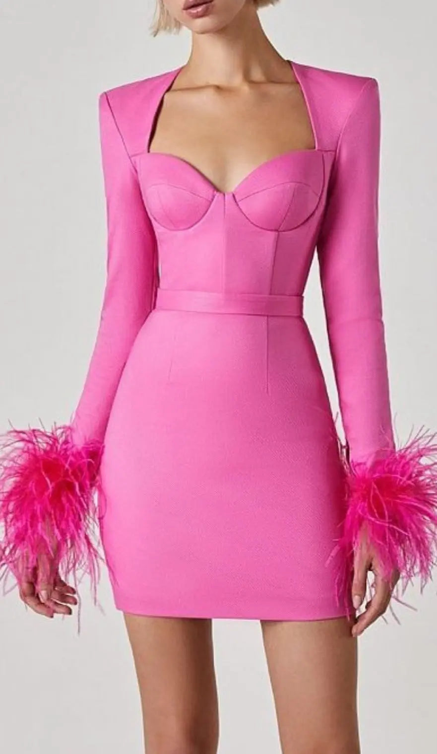 Stretch Long Sleeves Mini Dress In Hyper Pink