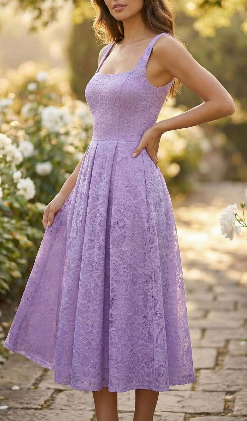 Keona Chic Lavender Lace Square Neck Midi Dress with Pockets