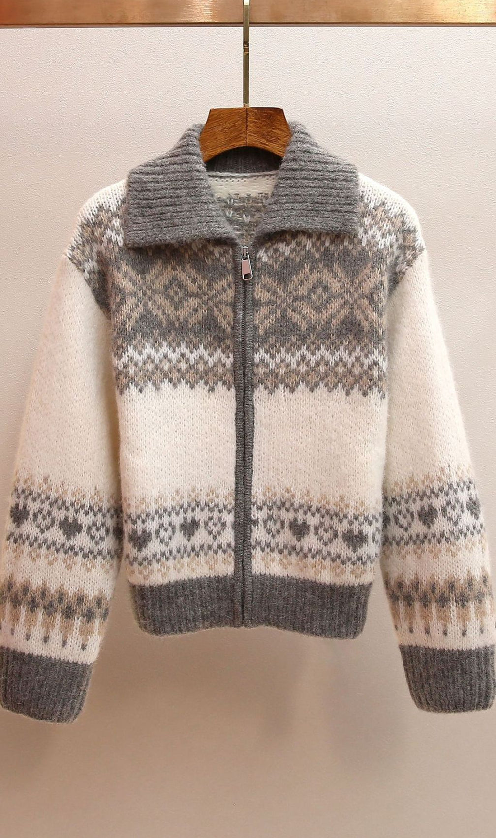 Jianna Cozy Fair Isle Lapel Collar Zip Cardigan for Women