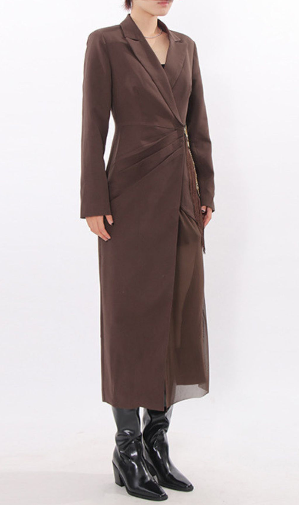 Iduia Brown Tassel Blazer Dress: Tailored Chic & Bohemian Flair