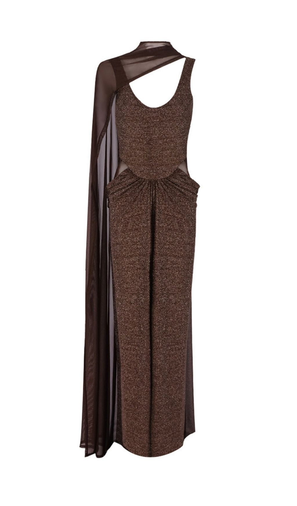 Kat Brown Shimmering Sequin Ruched Maxi Gown with Elegant Sheer Drape
