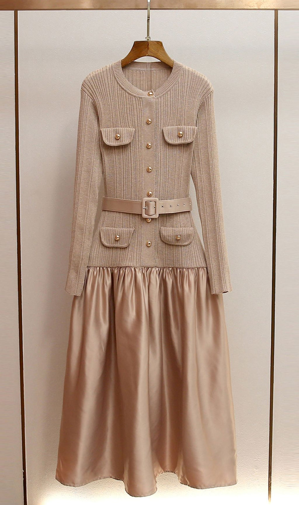 Glamorous Jetje Gold Shimmer Knit & Satin Belted Midi Dress