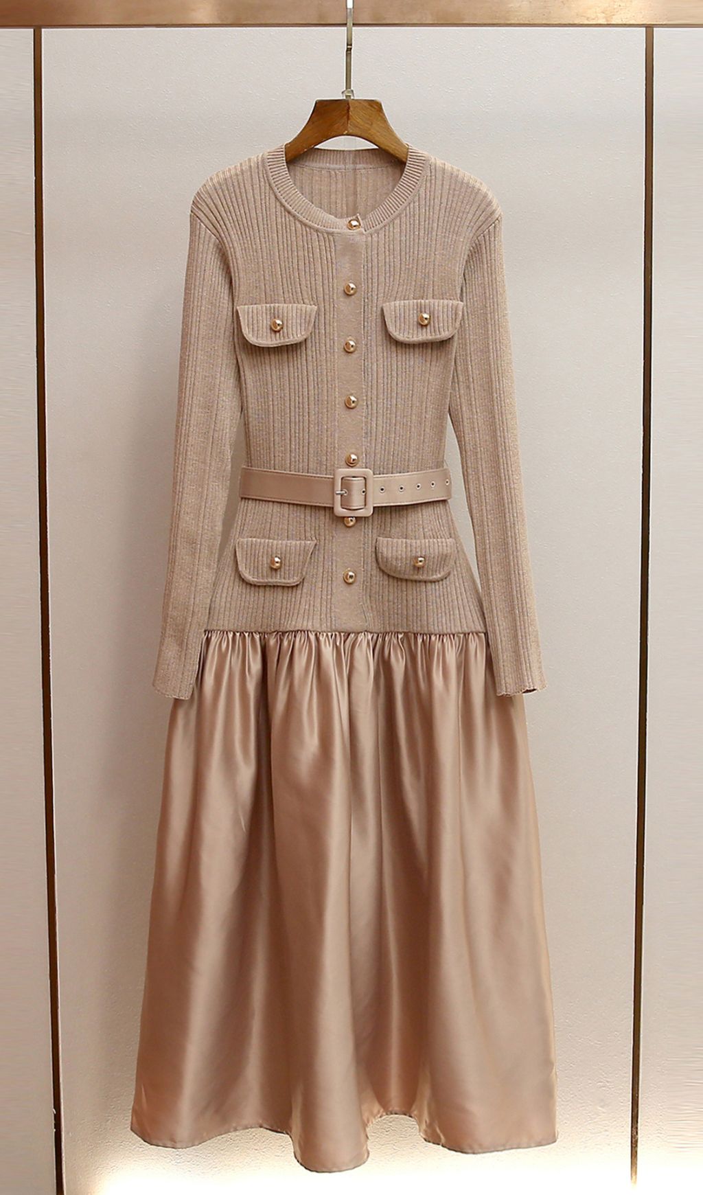 Glamorous Jetje Gold Shimmer Knit & Satin Belted Midi Dress