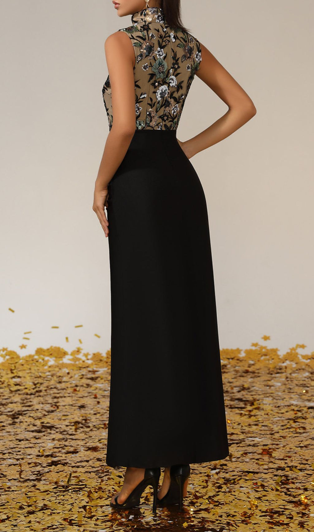 Germán Sleeveless Flower Sequin Maxi Dress
