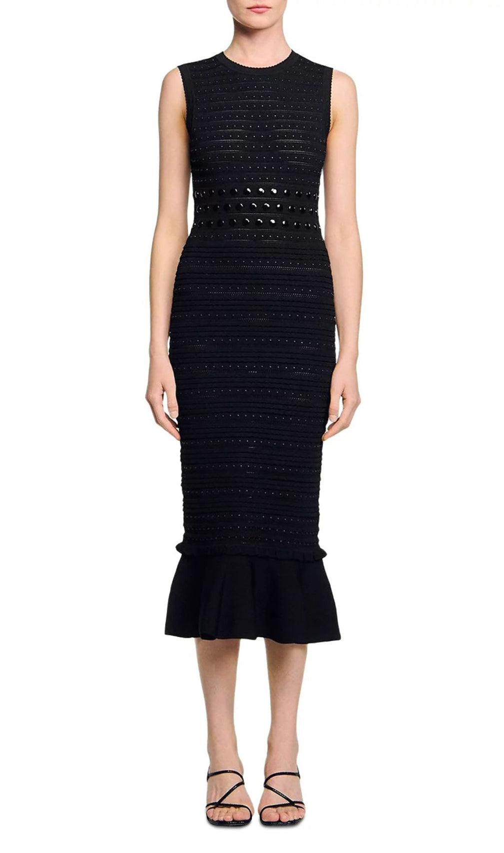 Chic Studded Knit Midi Dress | Black Sleeveless Flounce Hem