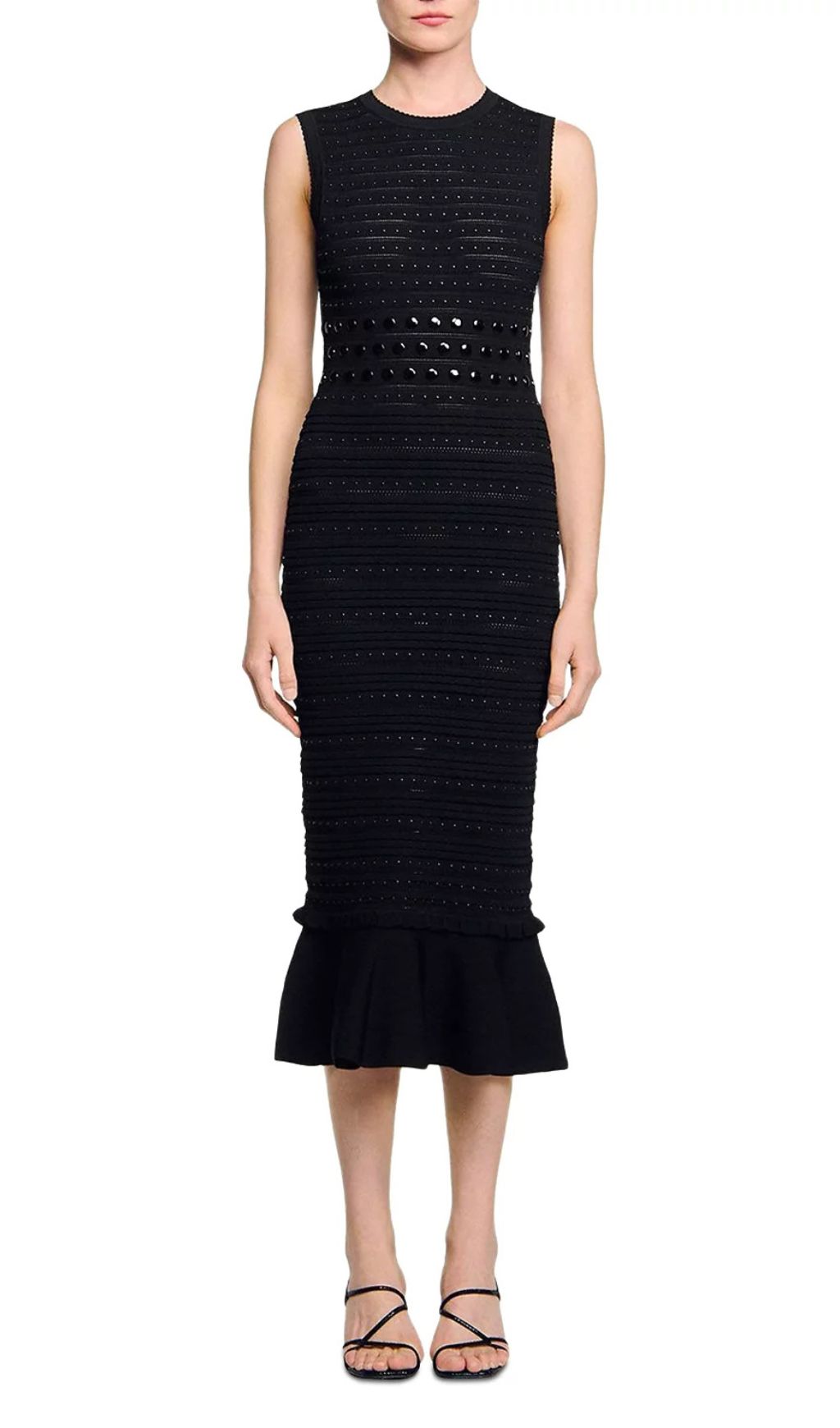 Chic Studded Knit Midi Dress | Black Sleeveless Flounce Hem