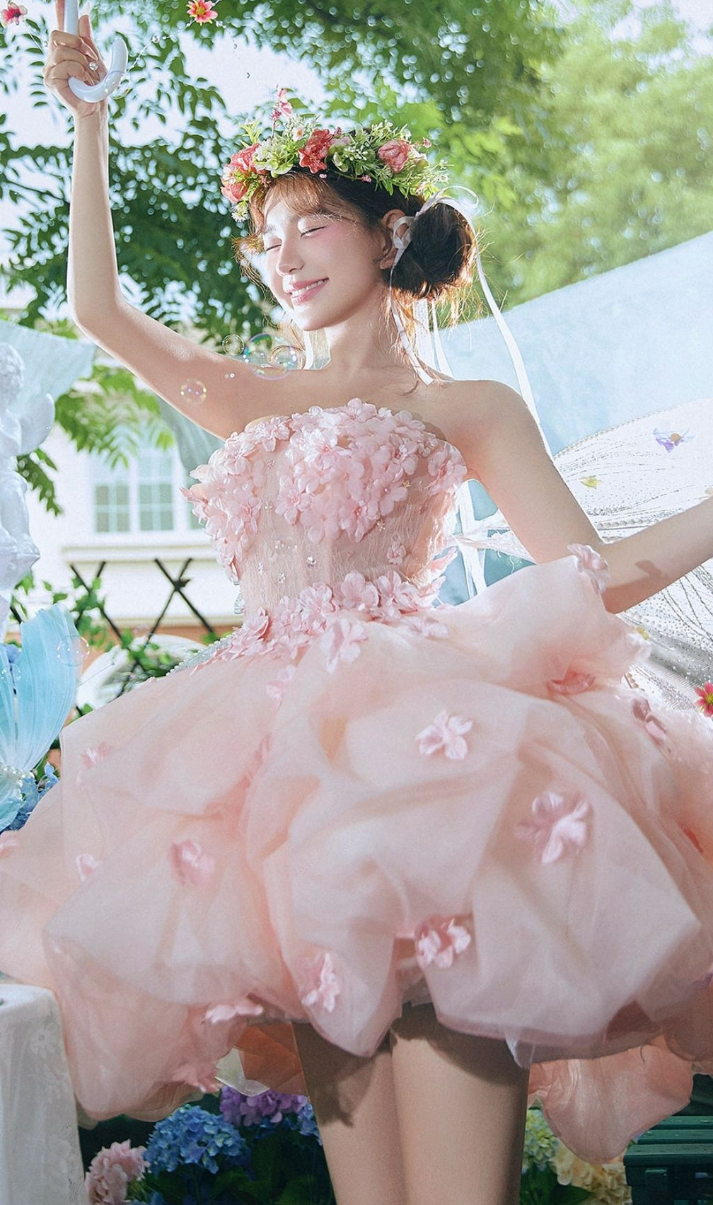 Krista Pink Strapless Flower Mini Dress