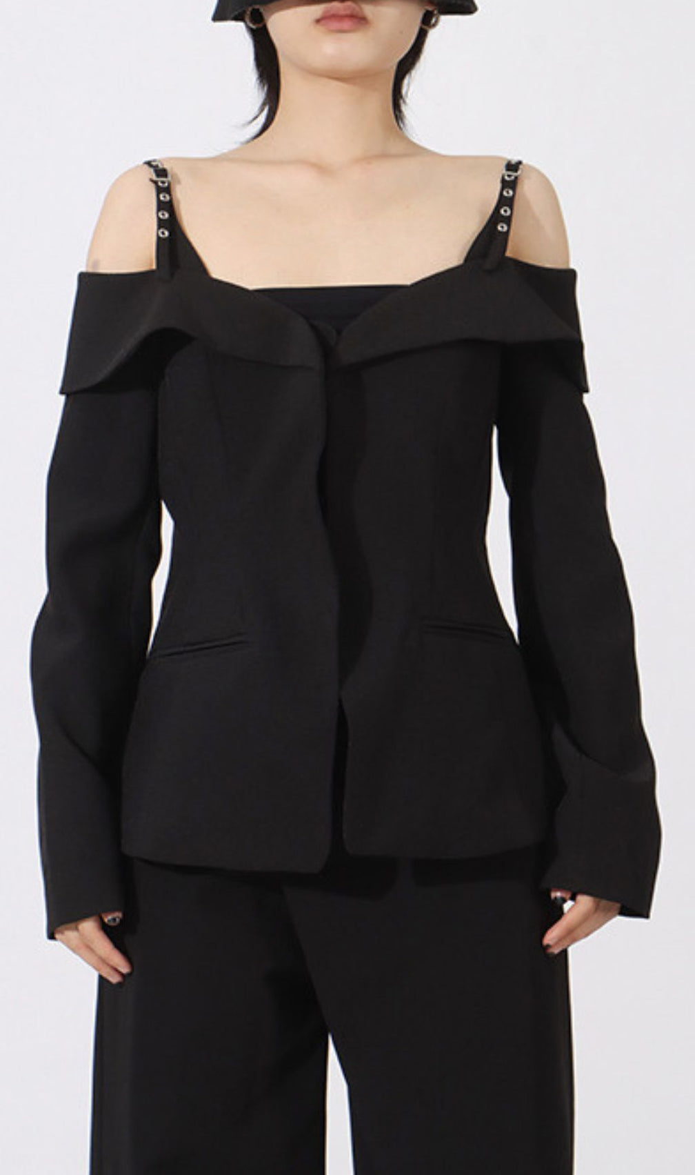Idalee Black Off-Shoulder Blazer - Chic Tailored Jacket with Grommet Straps