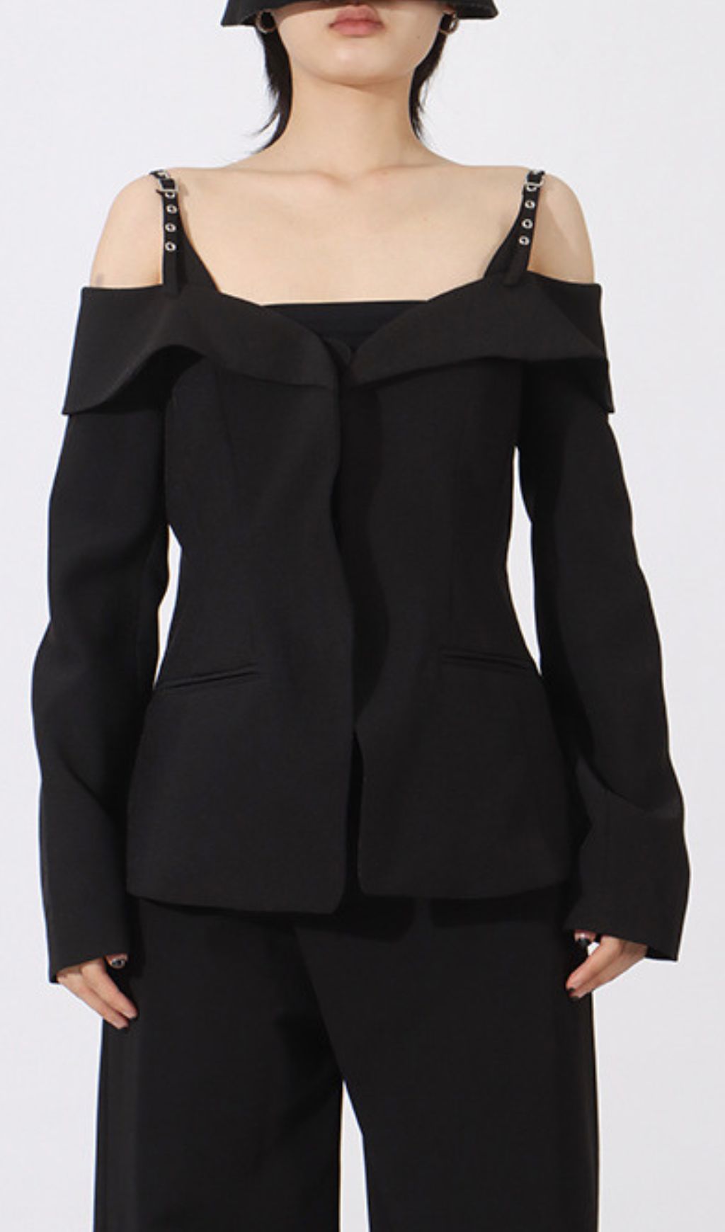 Idalee Black Off-Shoulder Blazer - Chic Tailored Jacket with Grommet Straps