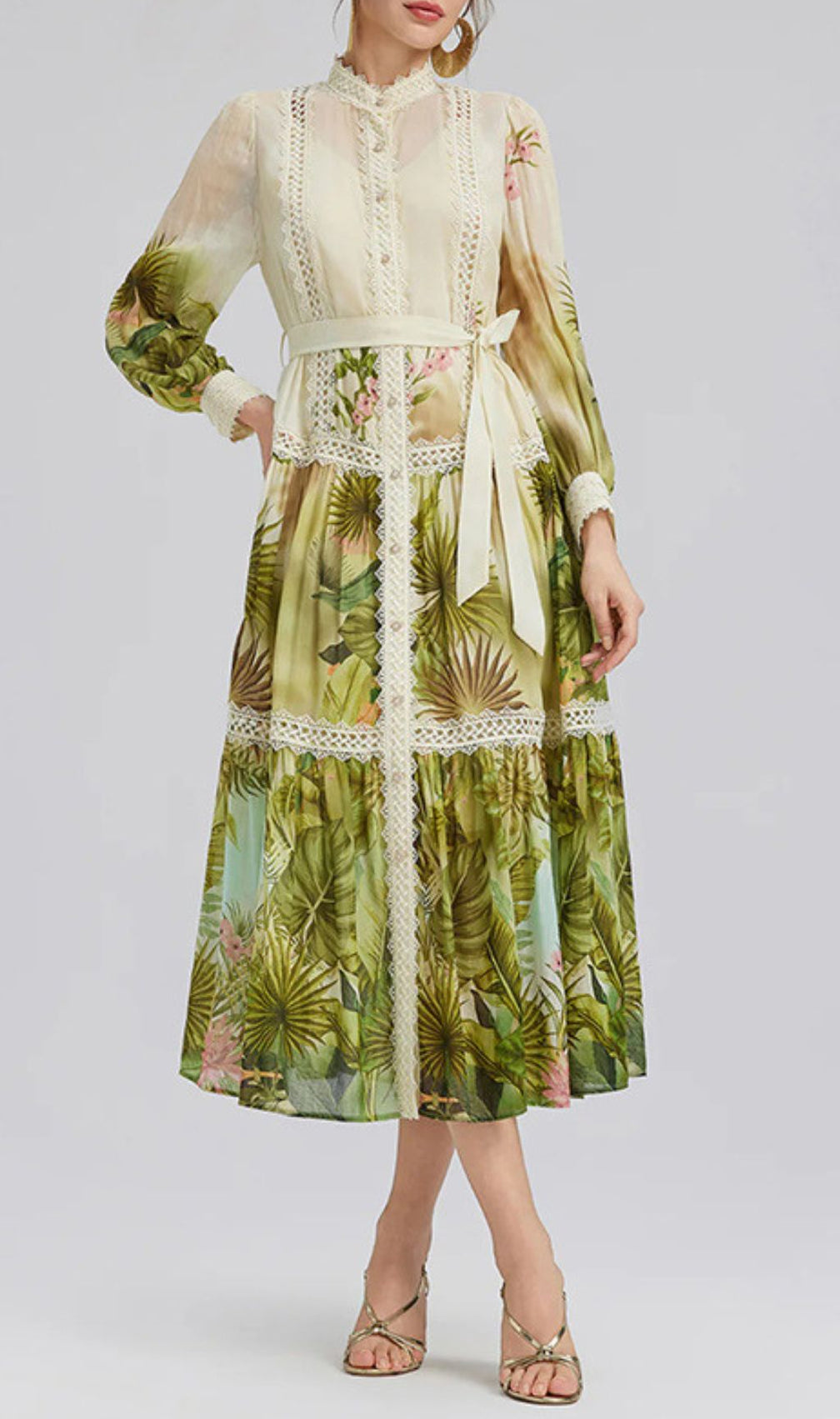 Elegant Tropical Hibiscus Print Tiered Midi Dress with Lace & Tie-Waist