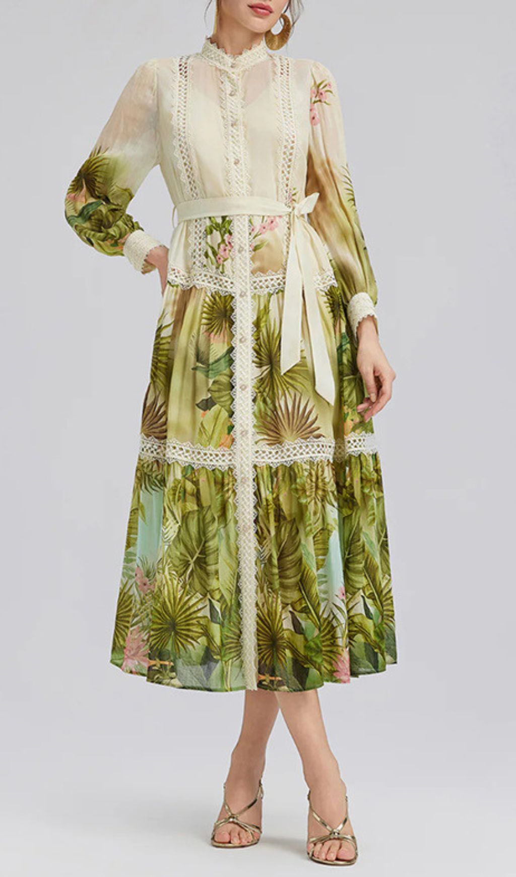 Elegant Tropical Hibiscus Print Tiered Midi Dress with Lace & Tie-Waist