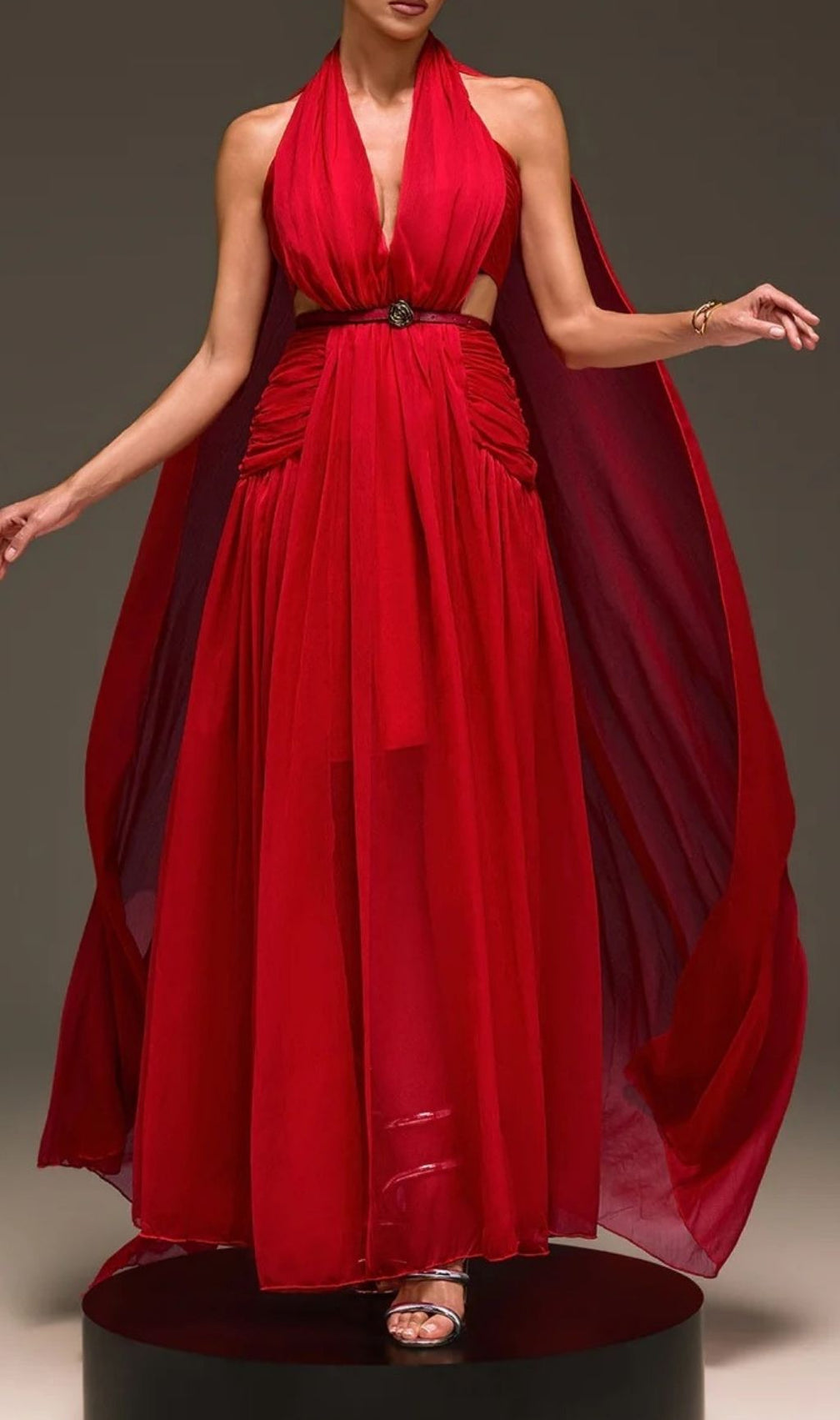 Galthera Red Plunge Neck Cape Maxi Dress - The Ultimate Statement Gown
