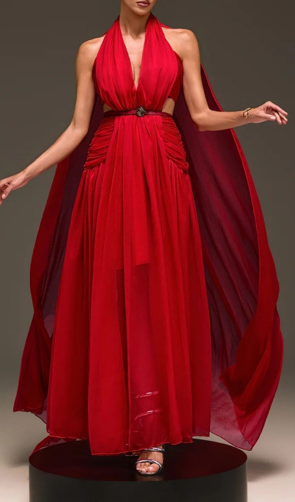 Galthera Red Plunge Neck Cape Maxi Dress - The Ultimate Statement Gown