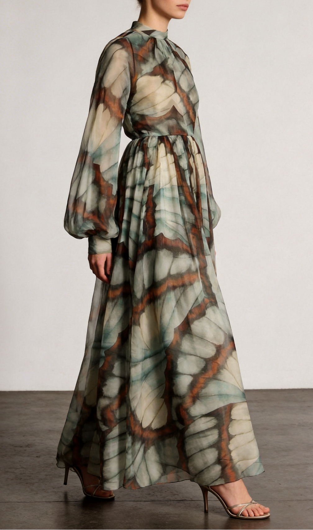 Ethereal Butterfly Print Chiffon Maxi Dress - High Neck & Flowy Sleeves