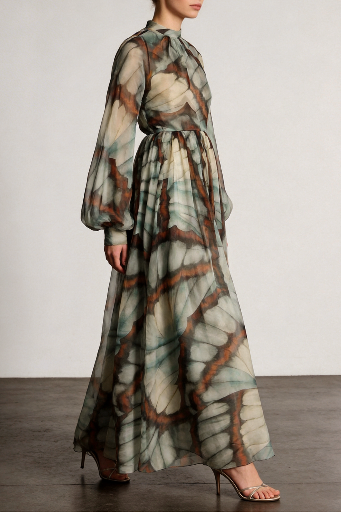 Ethereal Butterfly Print Chiffon Maxi Dress - High Neck & Flowy Sleeves