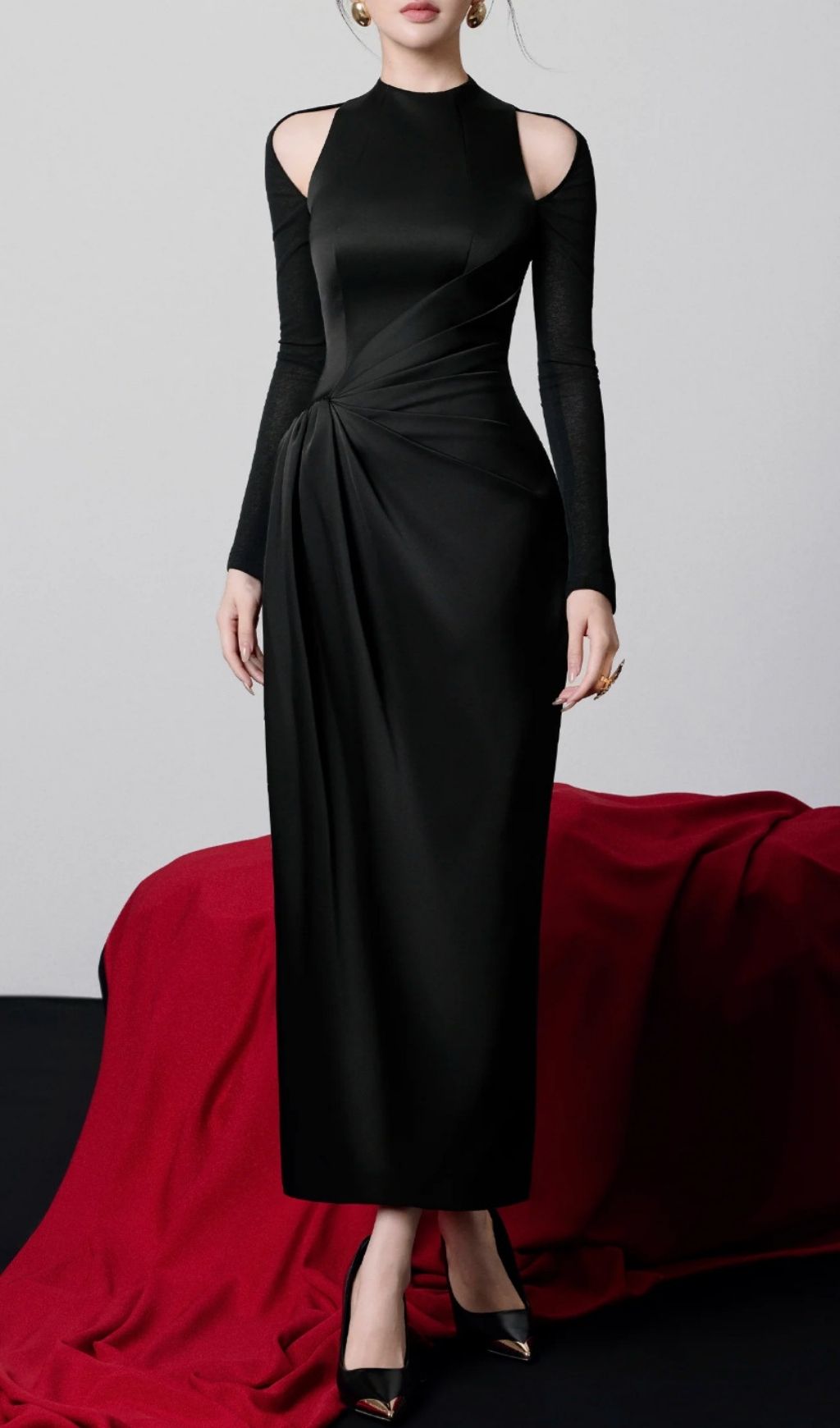 Kerryn Black Cold Shoulder Draped Maxi Dress | Elegant Long Sleeve Gown