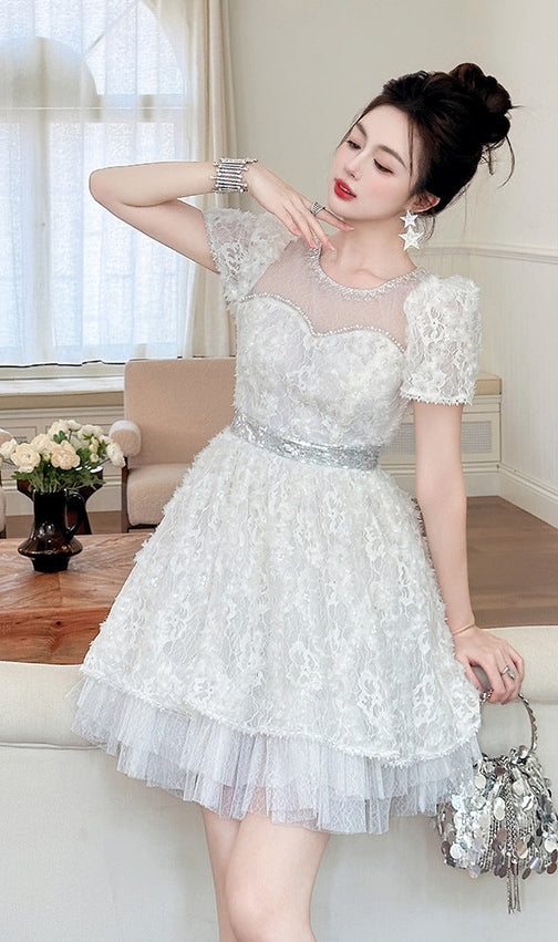 White Lace Sequin Puff Sleeve Mini Dress with Tulle Hem