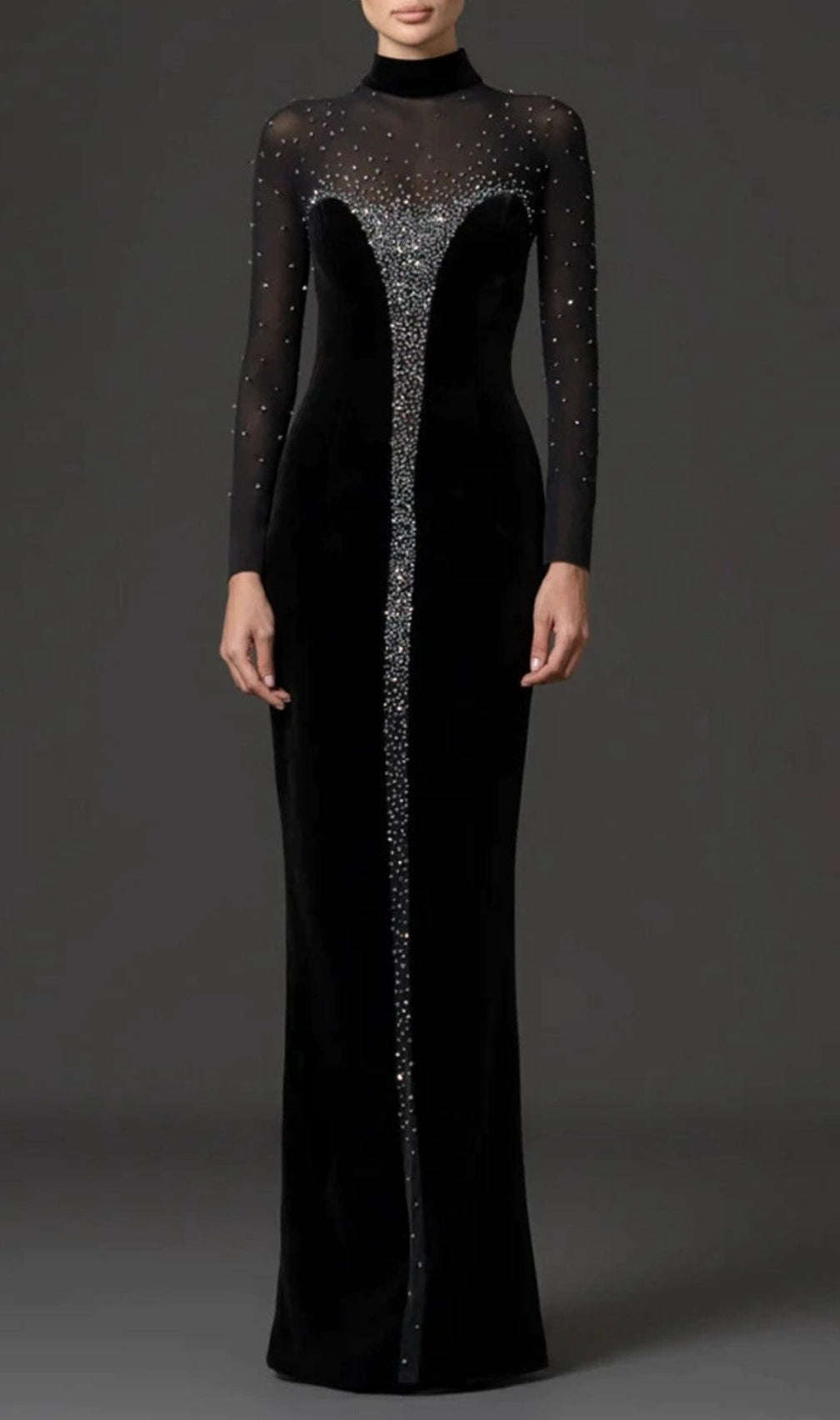 Kynlee Black Diamante Long Sleeve Velvet Maxi Dress