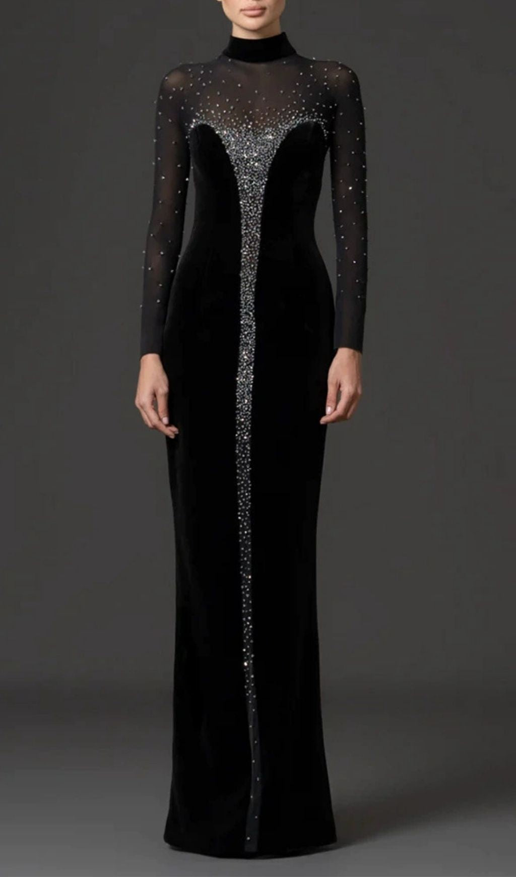 Kynlee Black Diamante Long Sleeve Velvet Maxi Dress