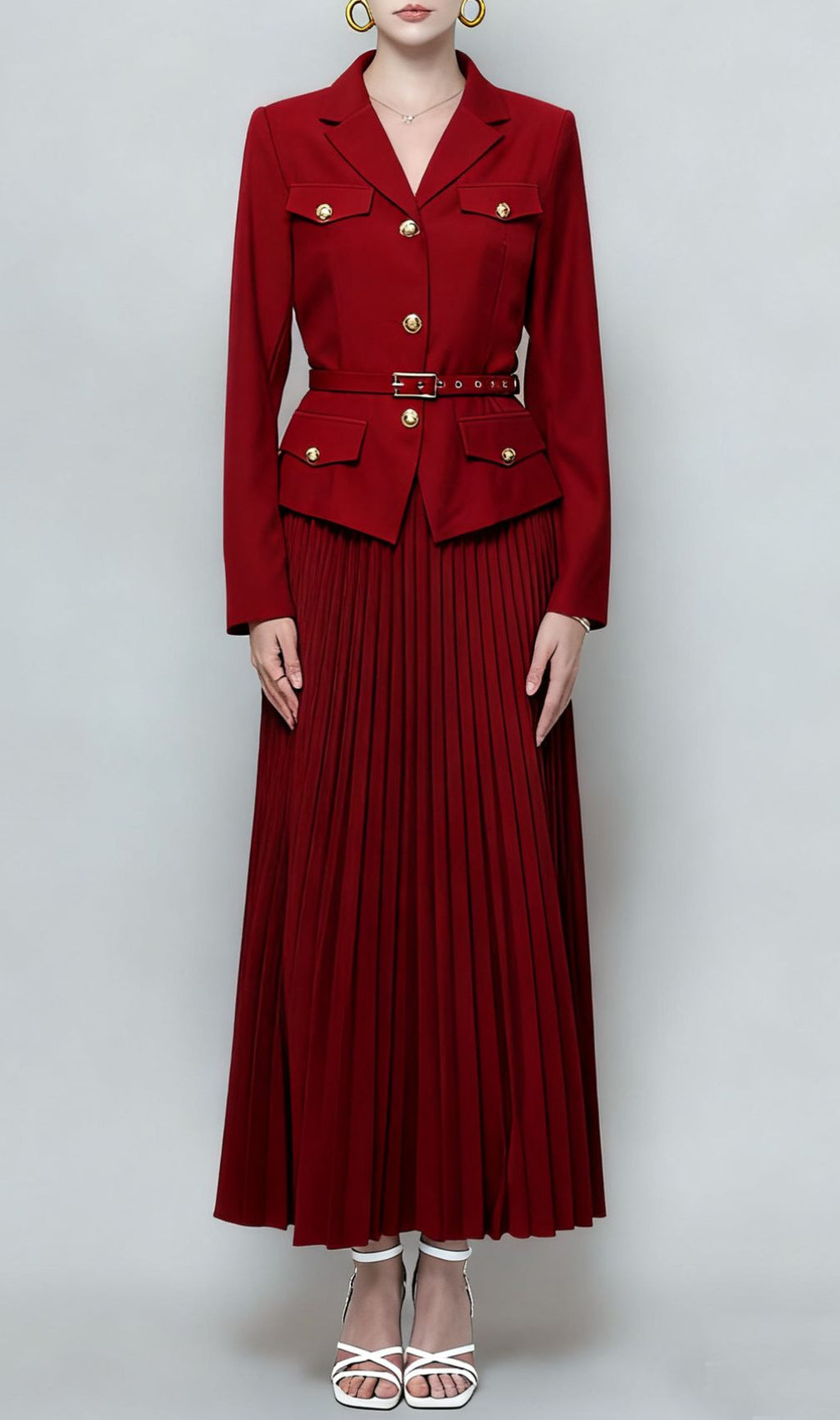 Ieva Chic Black Belted Blazer & Pleated Maxi Skirt Set