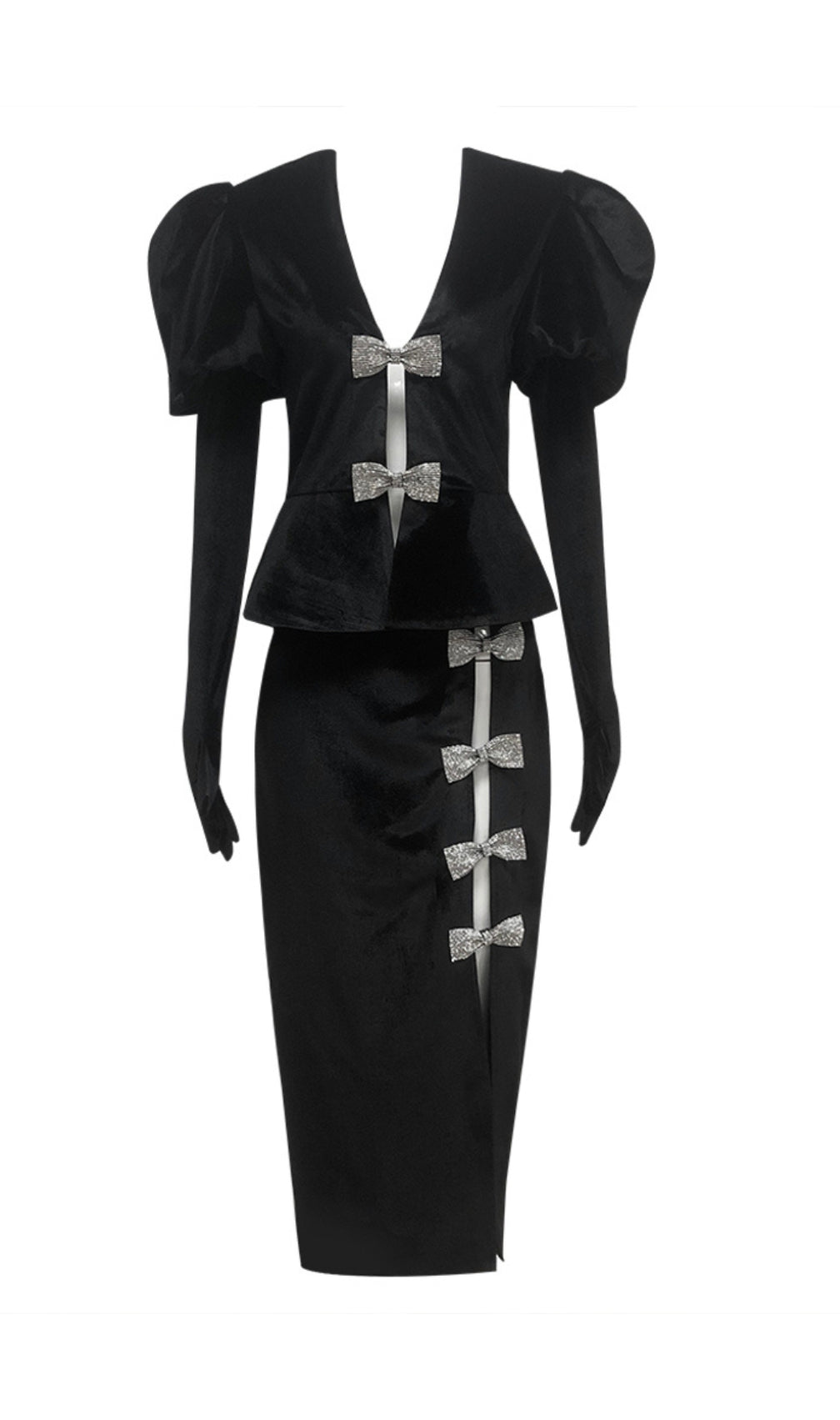 Black Short Sleeve Crystal Bow Midi Two Piece Velvet Dress