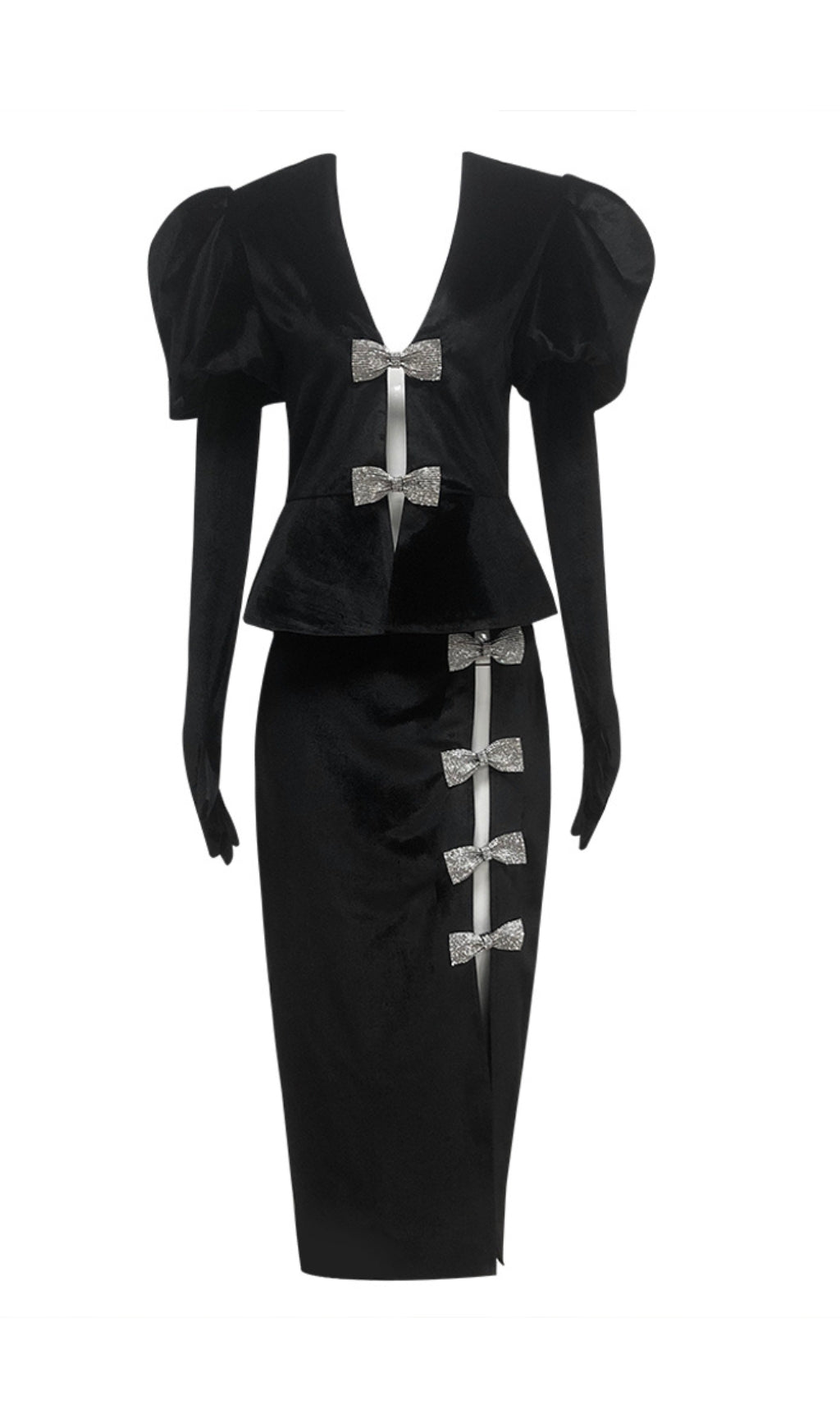 Black Short Sleeve Crystal Bow Midi Two Piece Velvet Dress