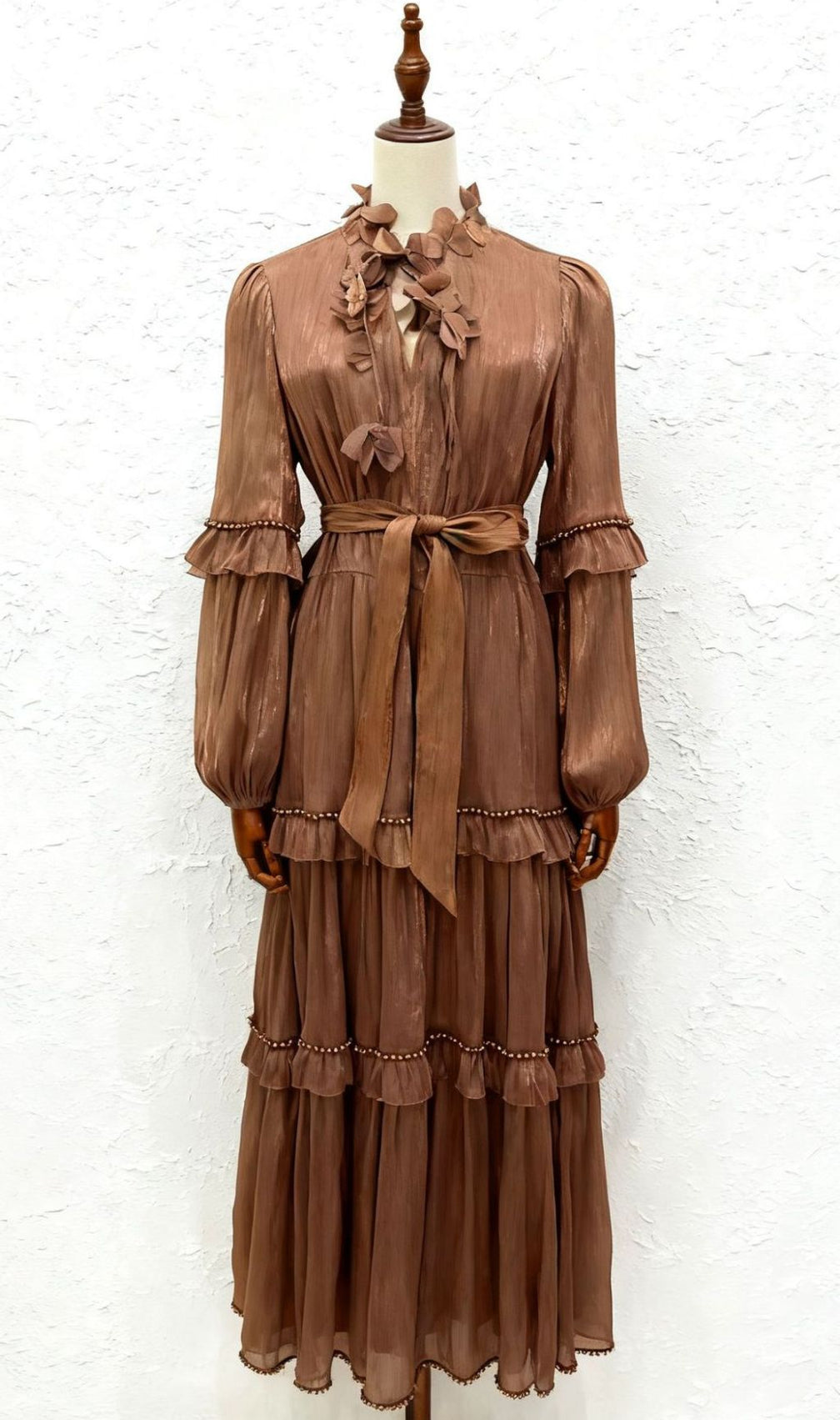 Ilissa Elegant Ruffle Midi Dress for Women - Chic Long Sleeve Tiered Design in Burgundy