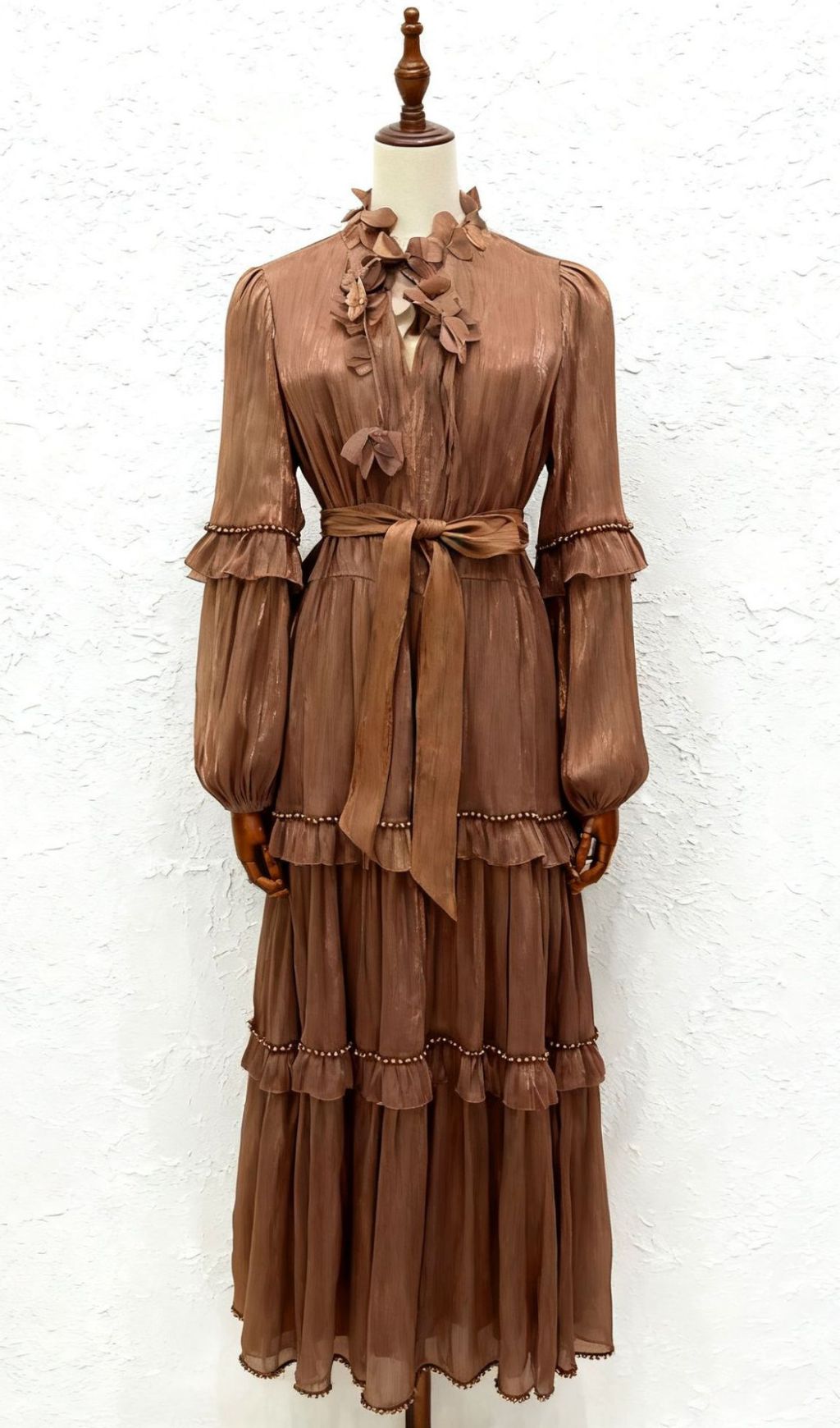 Ilissa Elegant Ruffle Midi Dress for Women - Chic Long Sleeve Tiered Design in Burgundy