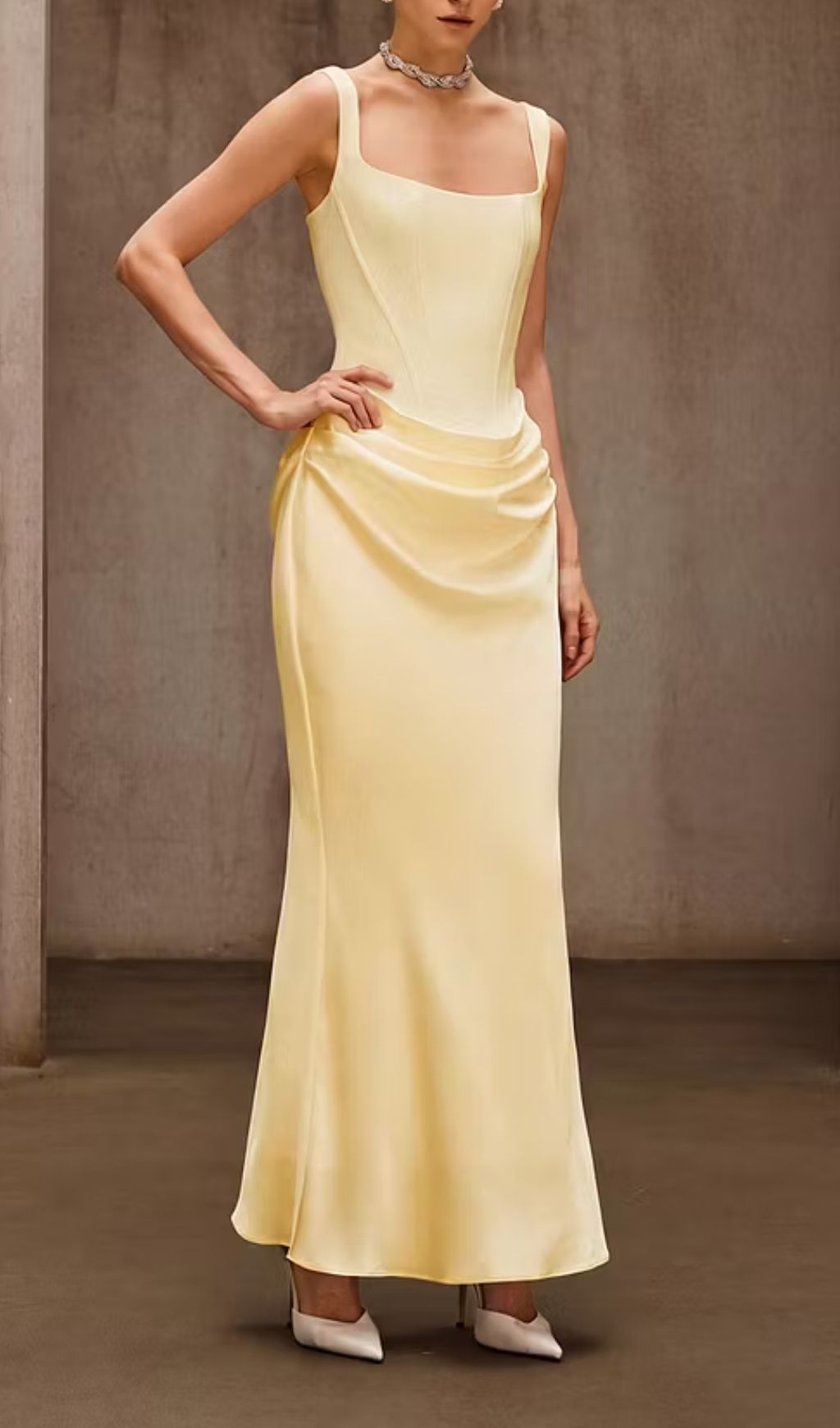 Duyen Luxe Yellow Satin Corset Maxi Dress - Glamorous Evening Gown