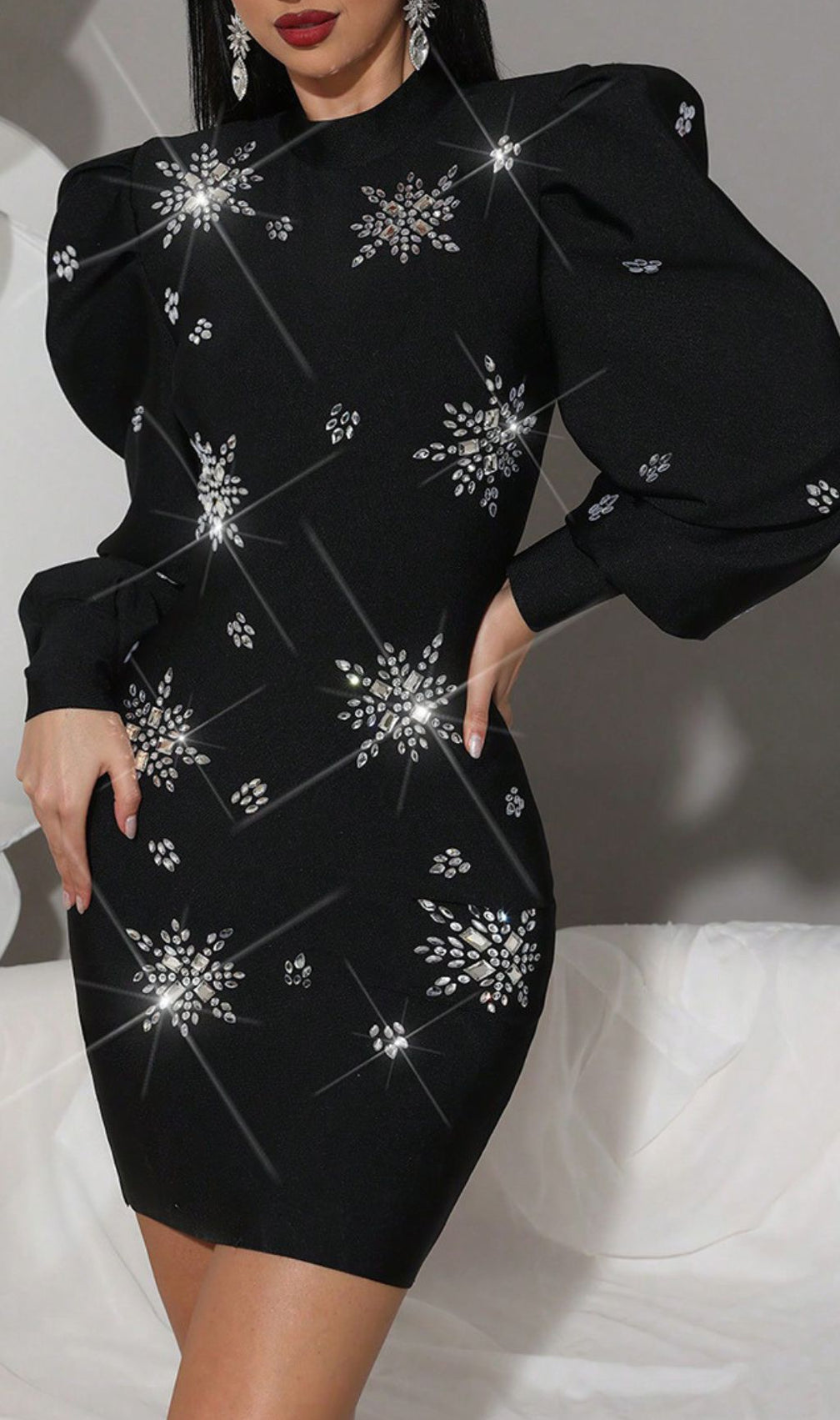 Hanaye Glamorous Black Diamante Snowflake Mini Dress - Long Sleeve Party Ready