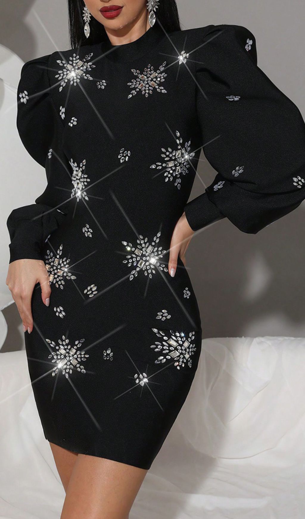 Hanaye Glamorous Black Diamante Snowflake Mini Dress - Long Sleeve Party Ready