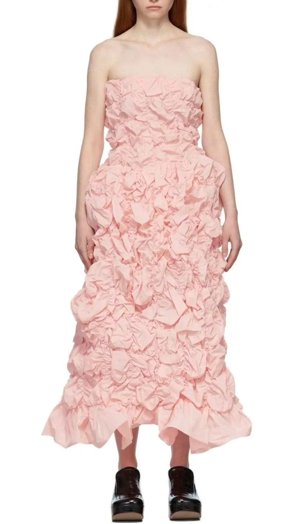Folding Ruffled Midi Dress In Pink