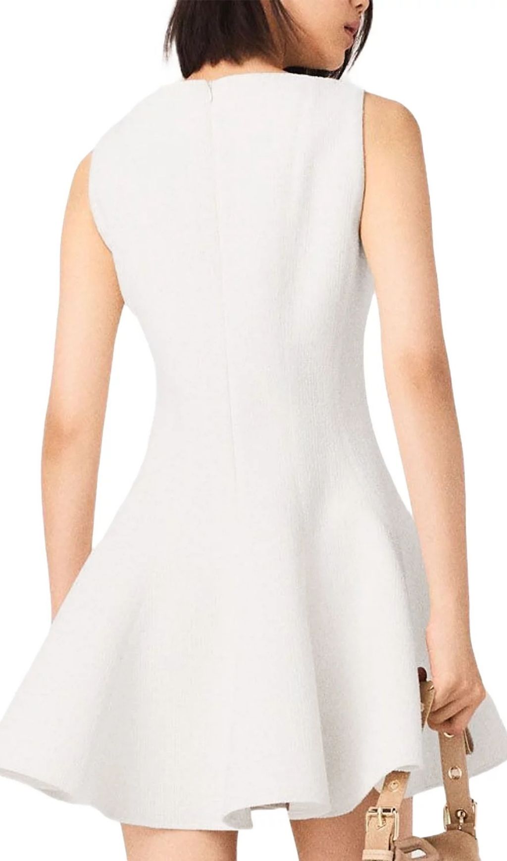 Elegant White Flared Mini Dress | Chic Sleeveless Boat Neck with Shoulder Jewel Detail