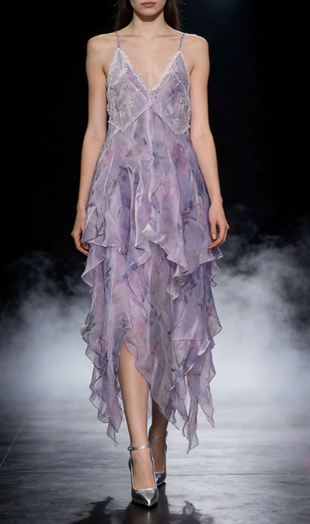 Kaloni Ethereal Lavender Floral Ruffled Maxi Dress - Strappy V-Neck Chiffon Gown