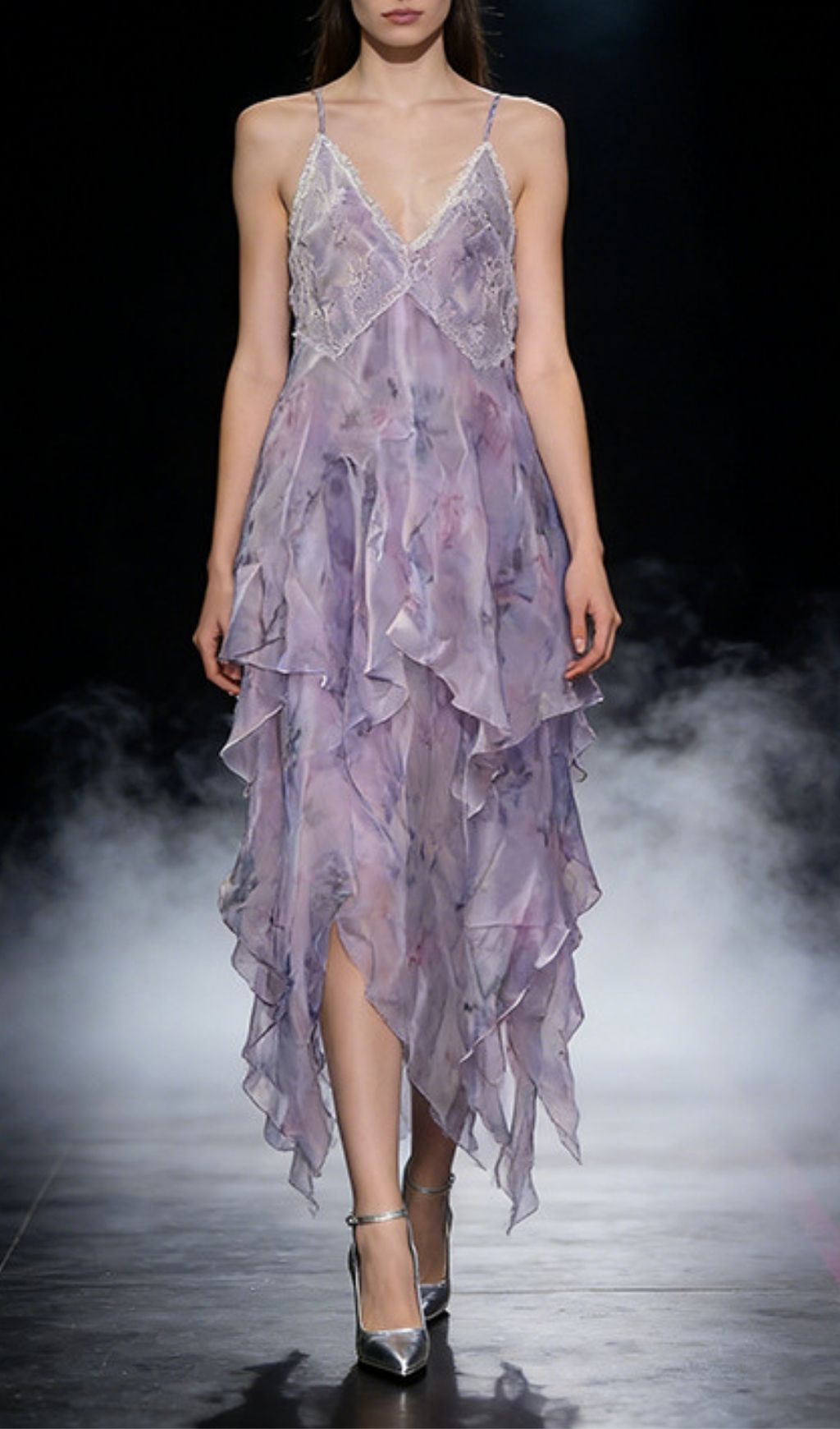 Kaloni Ethereal Lavender Floral Ruffled Maxi Dress - Strappy V-Neck Chiffon Gown