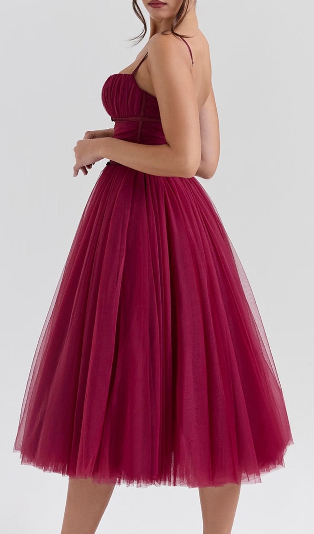 Diellza Wine Mesh Midi Dress