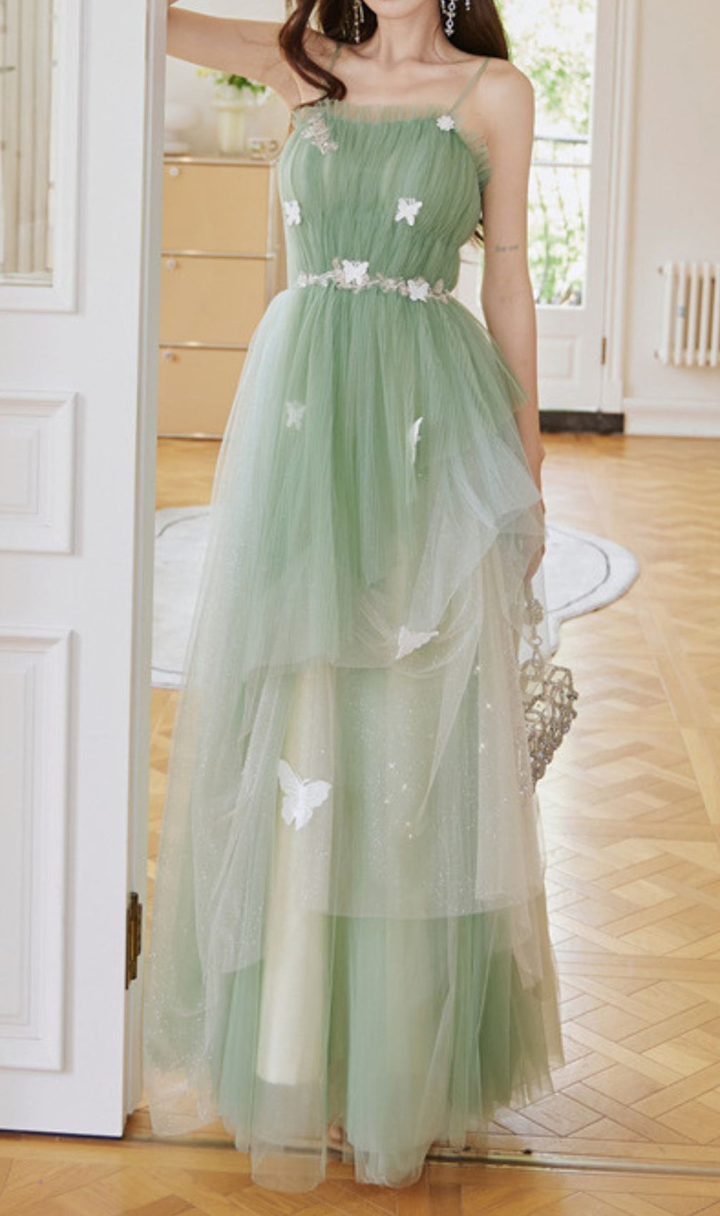 Freira Green Strappy Butterfly Mesh Maxi Dress